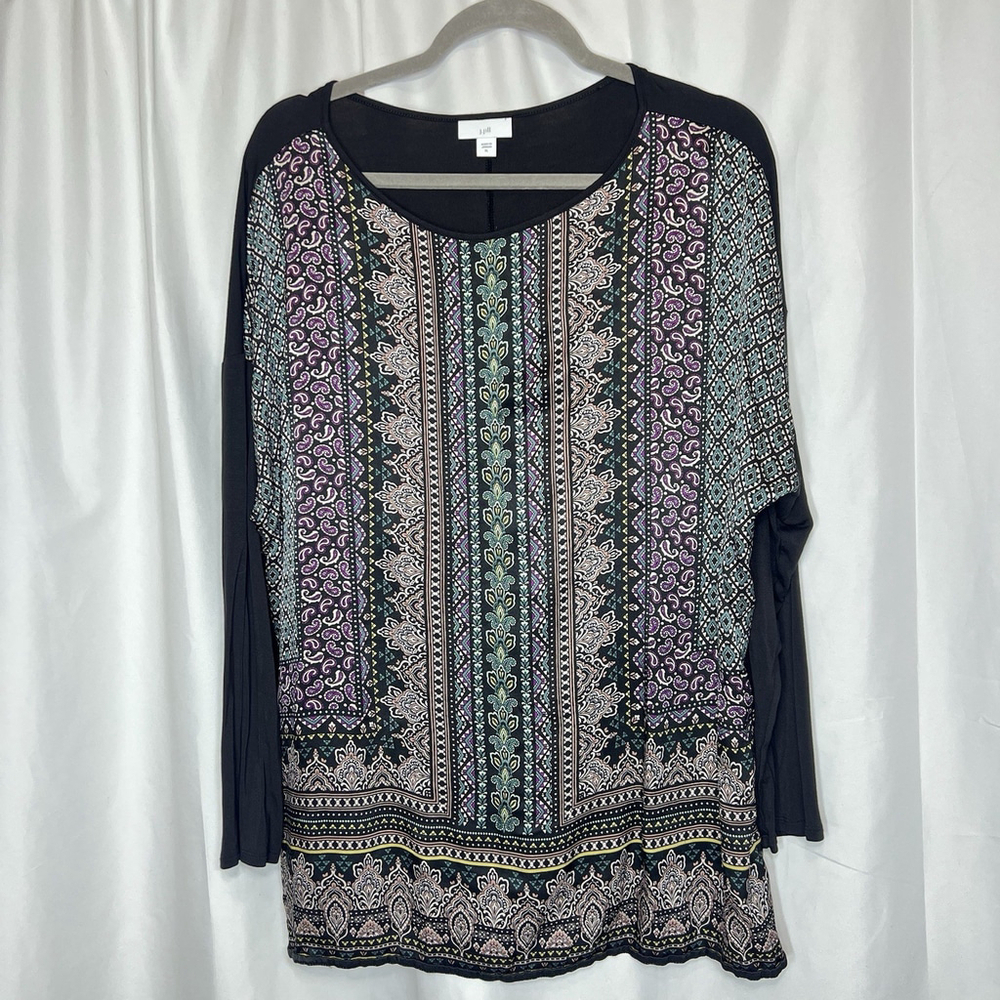 J.Jill Women’s Long Sleeve Boho Tunic Top XL Black Geo Print Raglan Paisley